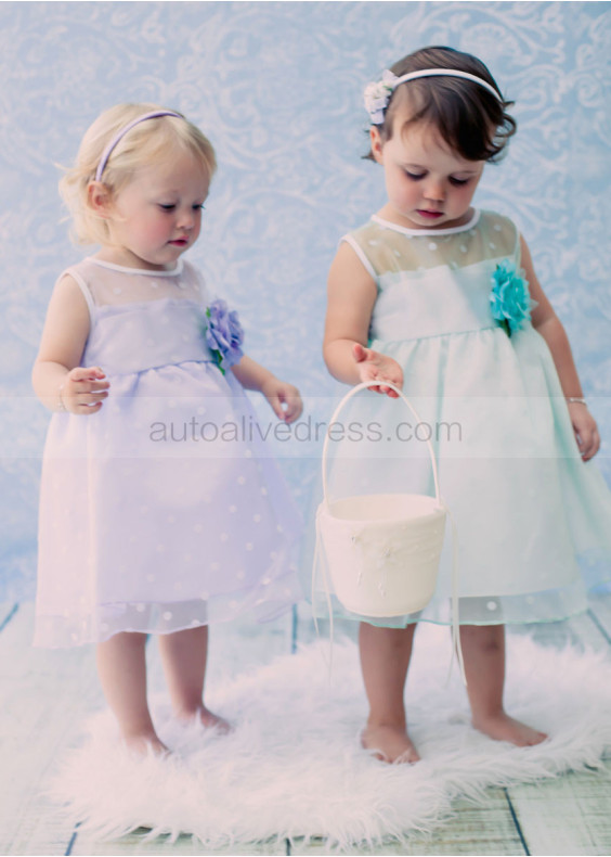 Sheer Neck Organza Polka Dot Tea Length Flower Girl Dress
